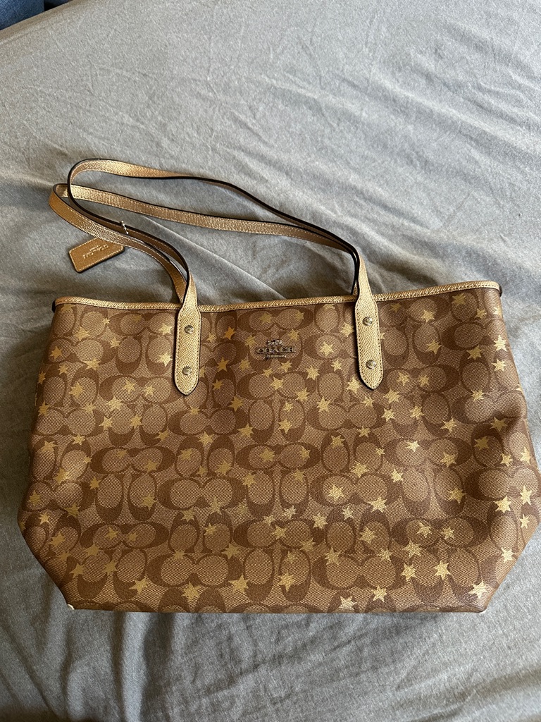 Coach Brown Signature Canvas Tote With Gold Star Accents